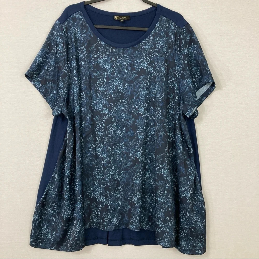 DG2 by Diane Gilman Blue Floral Round Neck Pullover Short Sleeve Top 3X